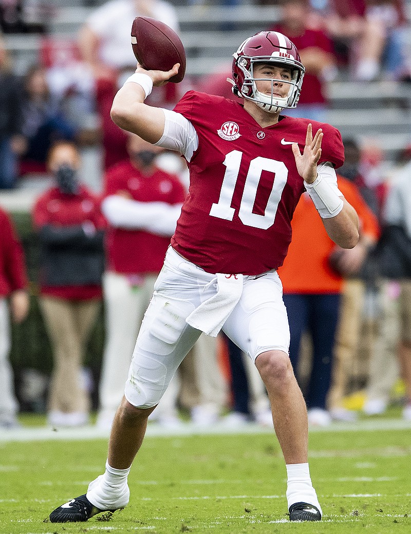 Alabama quarterback Mac Jones (10) throws a pass against Auburn during Saturday's game in Tuscaloosa, Ala. - Photo by Mickey Welsh/The Montgomery Advertiser via The Associated Press