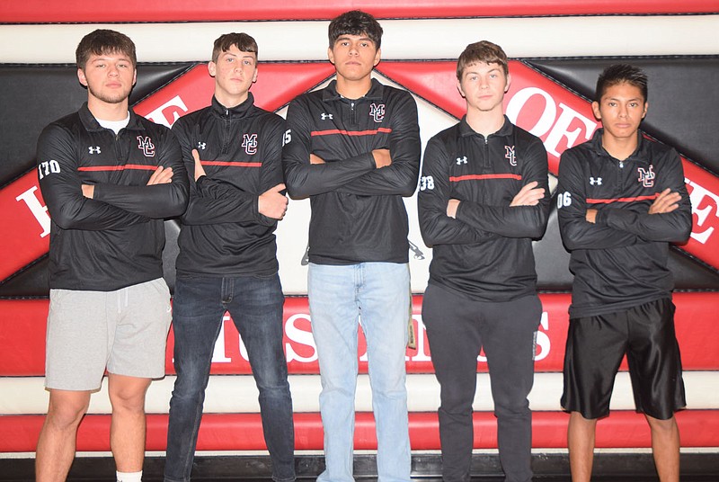 RICK PECK/SPECIAL TO MCDONALD COUNTY PRESS
Senior members of the 2020-2021 McDonald County High School wrestling team. From left to right: Caleb Gardner, Ryan Donica, Karlo Barreda, Jordan Meador and Victor Lopez.