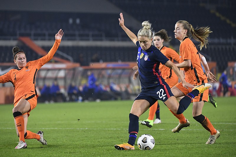 United States Kristie Mewis (22) scores her side's second goal during Friday's international friendly women's soccer match between The Netherlands and the US at the Rat Verlegh stadium in Breda, southern Netherlands. - Photo by Piroschka van de Wouw/Pool via The Associated Press