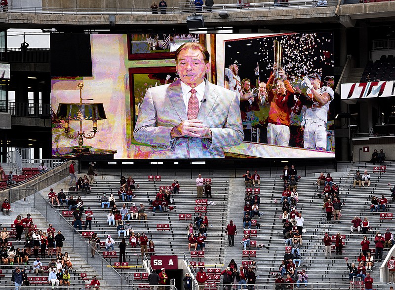 A prerecorded message from Alabama coach Nick Saban is shown on the big screen at Bryant-Denny Stadium before the Iron Bowl between Alabama and Auburn on Saturday in Tuscaloosa, Ala. - Photo by  Mickey Welsh/The Montgomery Advertiser via The Associated Press