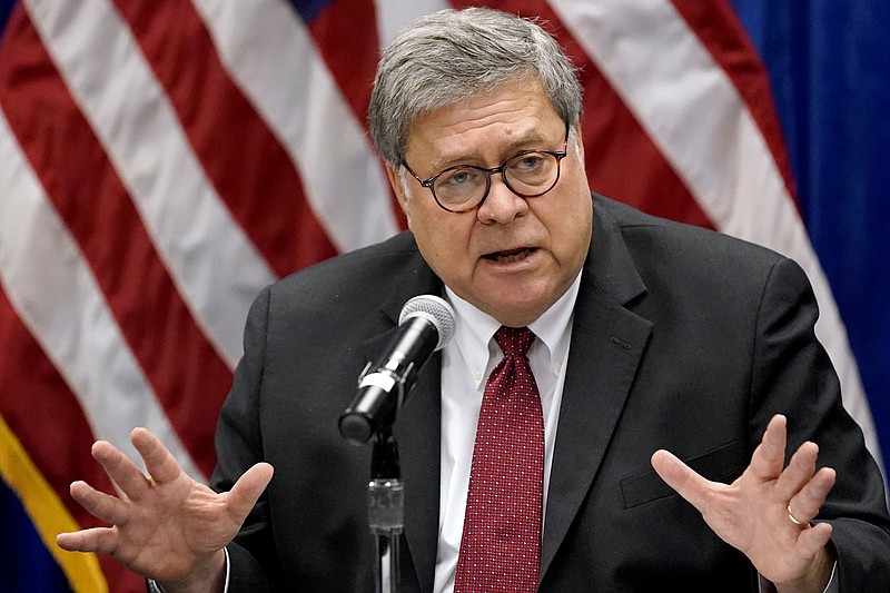 FILE - In this Oct. 15, 2020, file photo Attorney General William Barr speaks during a roundtable discussion on Operation Legend, a federal program to help cities combat violent crime in St. Louis. Attorney General William Barr said Tuesday, Dec. 1, that the Justice Department has not uncovered evidence of widespread voter fraud and has seen nothing that would change the outcome of the 2020 presidential election. (AP Photo/Jeff Roberson, File)