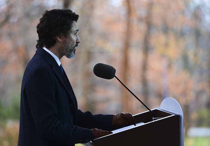 Prime Minister Justin Trudeau holds a press conference at Rideau Cottage during the COVID pandemic in Ottawa on Tuesday, Dec. 1, 2020. (Sean Kilpatrick/The Canadian Press via AP)