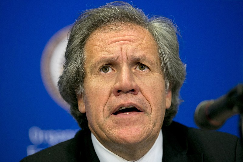 FILE - In this June 16, 2015 file photo, Organization of American States, OAS, Secretary-General Luis Almagro gives a news conference at the 45th OAS General Assembly, in Washington. (AP Photo/Jacquelyn Martin, File)