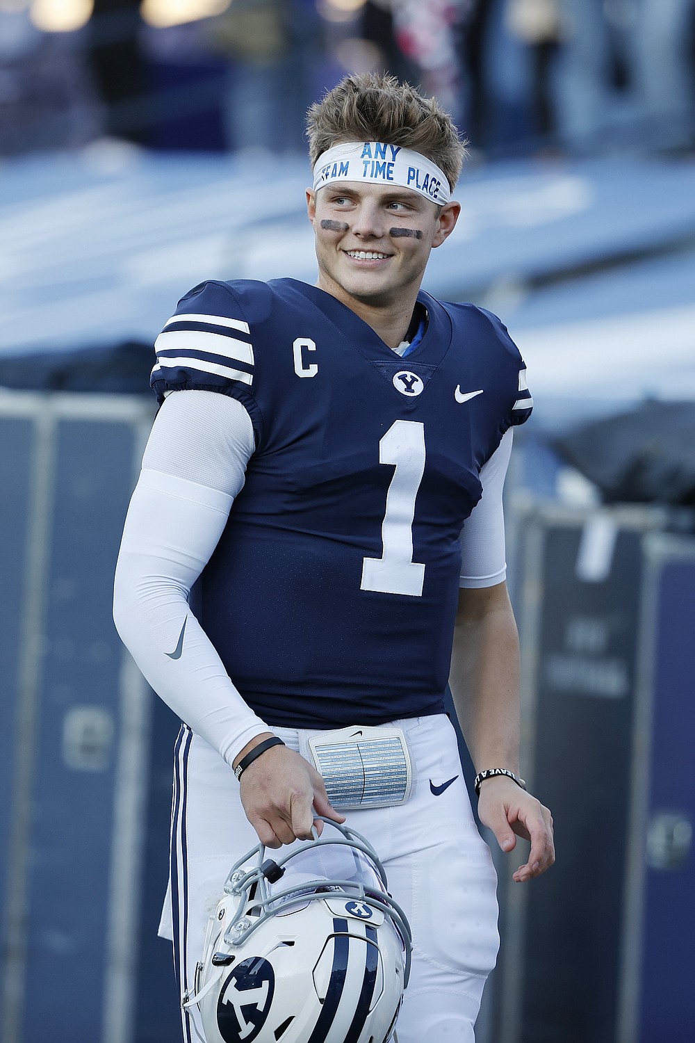 BYU quarterback Zach Wilson (1) reacts after their win over North Alabama in an NCAA college football game Saturday, Nov. 21, 2020, in Provo, Utah. (AP Photo/Jeff Swinger, Pool)