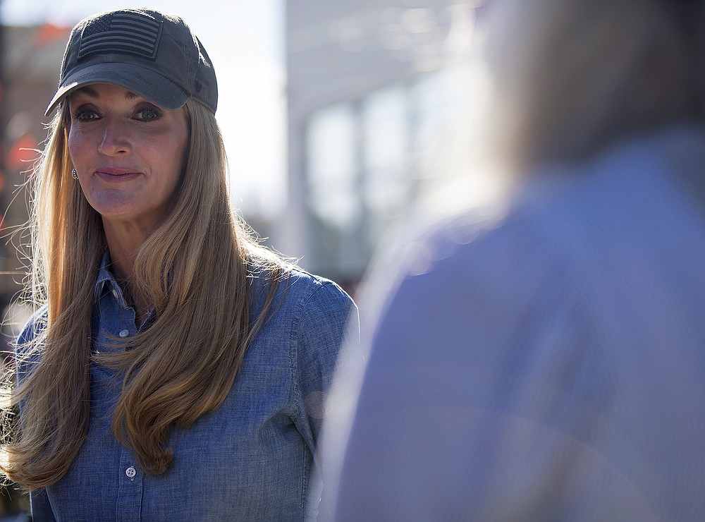 Georgia Senator Kelly Loeffler speaks to the media during a campaign rally to gain North Georgia voters' support ahead of the January 5th runoff election for Senator at the Springhill Suites on Saturday, Nov. 28, 2020 in Ringgold, Ga. (Troy Stolt/Chattanooga Times Free Press via AP)