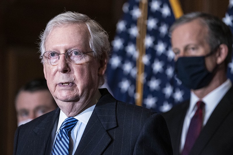 Senate Majority Leader Mitch McConnell of Kentucky, speaks during a news conference following a weekly meeting with the Senate Republican caucus, Tuesday, Dec. 8. 2020  at the Capitol in Washington.  (Sarah Silbiger/Pool via AP)