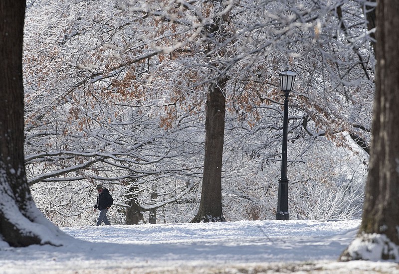 A man walks Monday across a snowy landscape on the Old Main lawn at the University of Arkansas. The National Weather Service is calling for a chance of more snow Tuesday with low temperatures in the 20s. Visit nwaonline.com/201215Daily/ and nwadg.com/photos. 
(NWA Democrat-Gazette/J.T. Wampler)