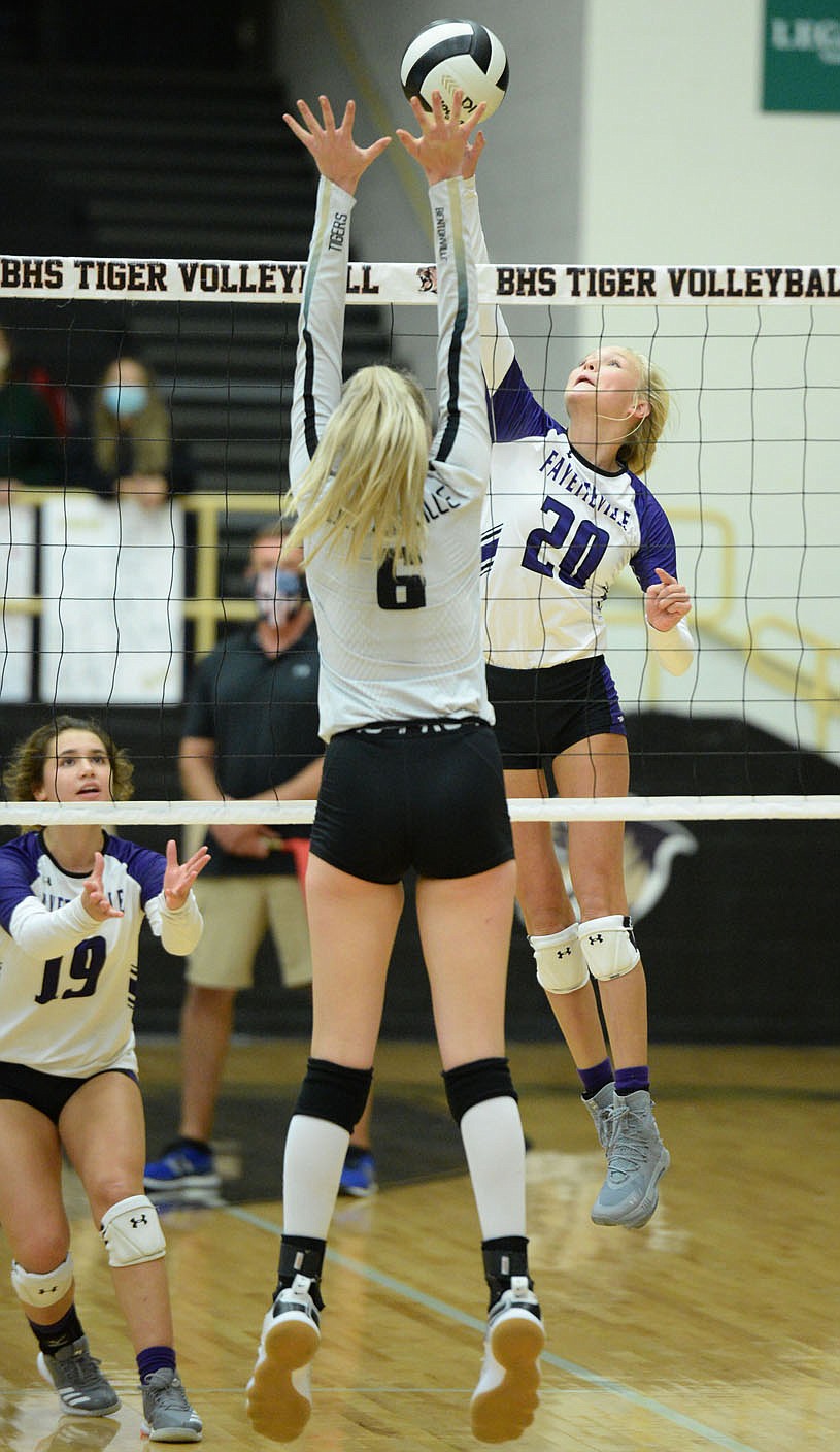 Fayetteville's Brooke Rockwell (20) stepped as a sophomore as a hitter and defender to earn All-NWADG volleyball Newcomer of the Year honors.
(NWA Democrat-Gazette/Andy Shupe)