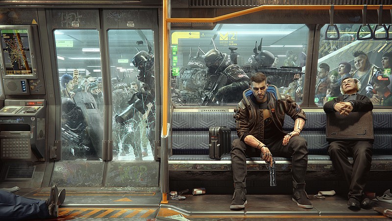 V rides the Night City Metro in Cyberpunk 2077, an action role-playing video game from CD Projekt Red.  (courtesy CD Projekt Red)