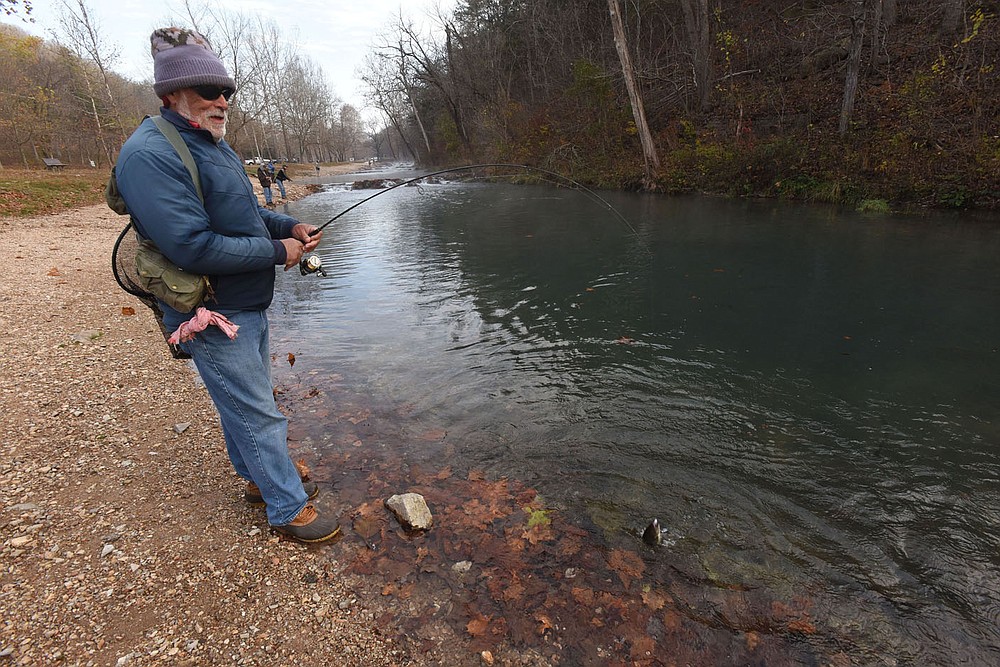 Ken Lawrence of Warsaw, Mo., lands one of the dozens of rainbow trout he caught Nov. 13 2020 at Roaring River State Park. Lawrence ties his own jigs. White or green are his favorite colors.
(NWA Democrat-Gazette/Flip Putthoff)