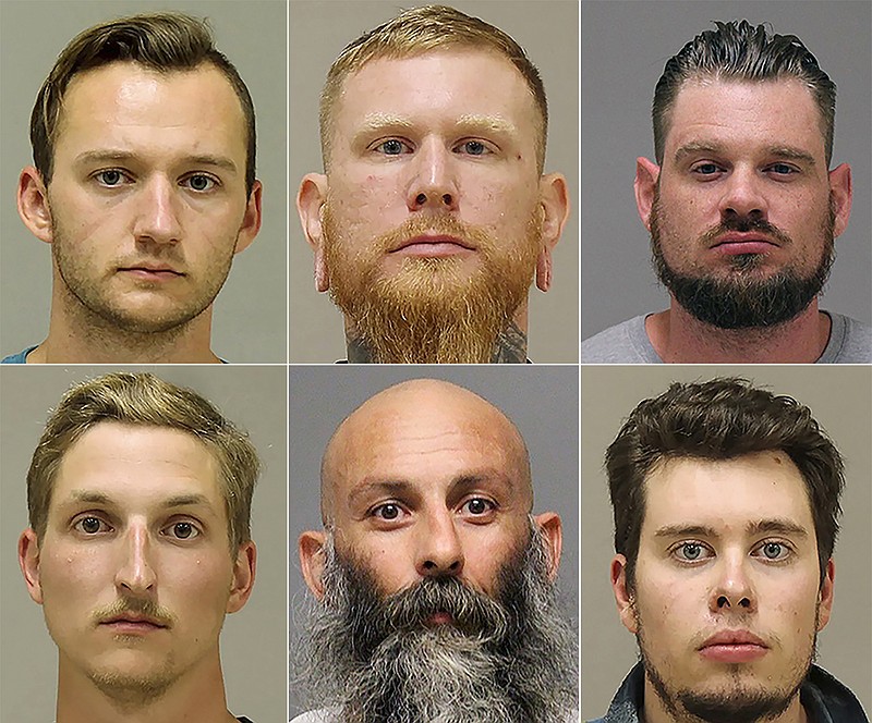 FILE - This photo combo shows from top left, Kaleb Franks, Brandon Caserta, Adam Dean Fox, and bottom left, Daniel Harris, Barry Croft, and Ty Garbin.   A federal grand jury has charged six men with conspiring to kidnap Michigan Gov. Gretchen Whitmer in what investigators say was a plot by anti-government extremists angry over her policies to prevent spread of the coronavirus. An indictment released Thursday, Dec. 17, 2020, by U.S. Attorney Andrew Birge levied the charge against Adam Dean Fox, Barry Gordon Croft Jr., Ty Gerard Garbin, Kaleb James Franks, Daniel Joseph Harris and Brandon Michael-Ray Caserta. (Kent County Sheriff via AP File)