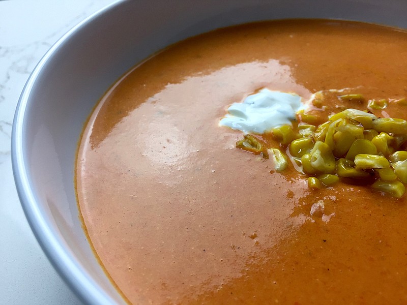 Roasted Two Pepper Soup With Corn and Mezcal (Arkansas Democrat-Gazette/Kelly Brant)