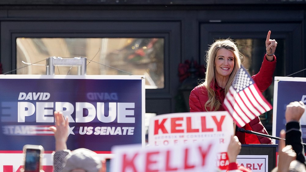 Sen. Kelly Loeffler, R-Ga., gestures as she speaks during a campaign rally, Monday, Dec. 21, 2020, in Milton, Ga. (AP Photo/John Bazemore)