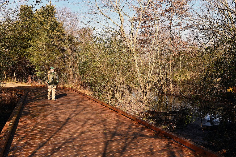 The city of Rogers has built a boardwalk that lets visitors get an up-close look at a large wetland east of Cambridge Park. Joe Neal of Fayetteville takes in the view.
(NWA Democrat-Gazette/Flip Putthoff)