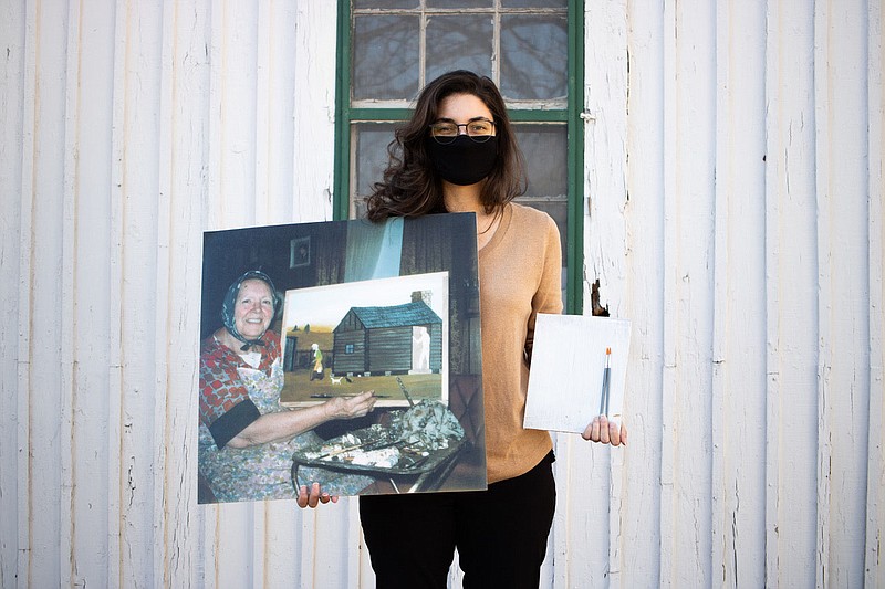 Shiloh Museum of Ozark History education specialist Kim Hosey displays an image of folk artist Essie Ward at work, along with supplies for her own Shiloh Saturday program at 10:30 a.m. Jan. 16. Ward usually worked in oil paint on Masonite and often included an older Ozark couple, Hezzakiah and Miranda, in the various scenes she created of life in the Arkansas Ozarks. Hosey will share more in the free online event on the museum's Facebook page. Information: (479) 750-8165.

(Courtesy Photo)