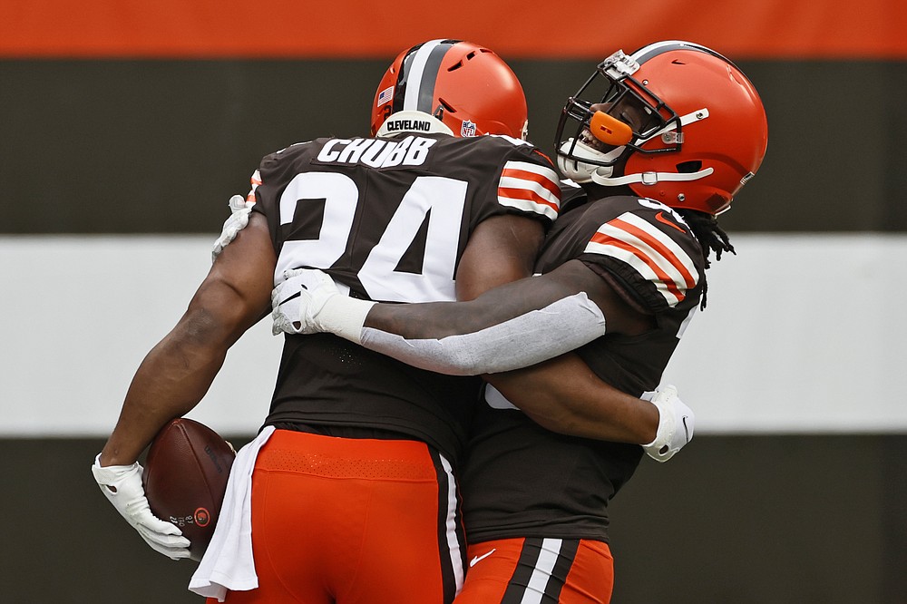 Pittsburgh Steelers free safety Minkah Fitzpatrick (39) celebrates with  wide receiver JuJu Smith-Schuster (19) on the sideline after scoring a  touchdown on an intercepted pass from Cleveland Browns quarterback Baker  Mayfield during