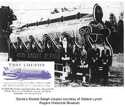 As is typical of the space race, by 1964 Santa had the brand new upgraded Rocket Sleigh pictured in this photograph from the Rogers Democrat Dec. 2, 1964. (Courtesy of the Rogers Historical Museum)