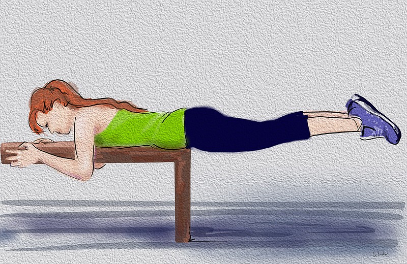 The Prone Leg Plank can be made less taxing than it appears in this drawing by sliding more of the hips onto the bench. (Arkansas Democrat-Gazette/Celia Storey)