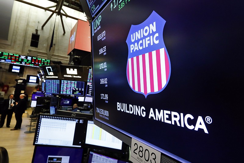 FILE - In this Sept. 13, 2019, file photo the logo for Union Pacific appears above a trading post on the floor of the New York Stock Exchange. A federal judge has blocked one of Union Pacific's main unions from going on strike over its concerns about the railroad's efforts to protect employees from the coronavirus. Judge Brian Buescher ruled Thursday, Jan. 7, 2021 that the union must address its concerns through contract talks with the railroad and it doesn't have the right to strike now. (AP Photo/Richard Drew, File)