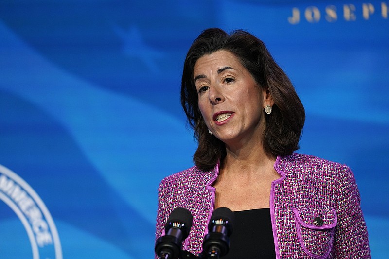 President-elect Joe Biden's nominee for Secretary of Commerce, Rhode Island Gov. Gina Raimondo speaks during an event at The Queen theater in Wilmington, Del., Friday, Jan. 8, 2021. (AP Photo/Susan Walsh) story.lead_photo.caption