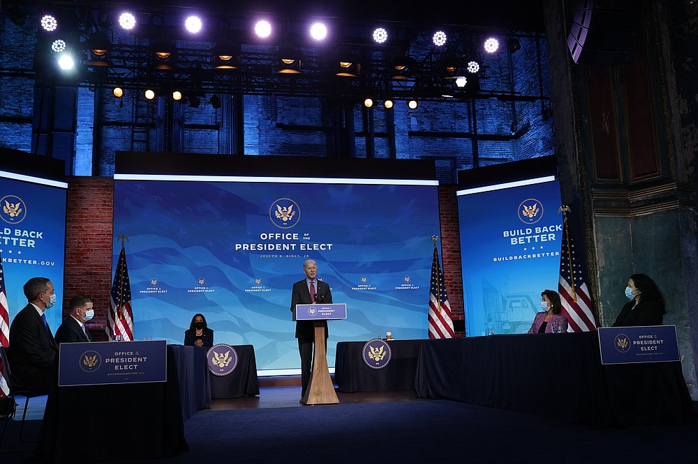 President-elect Joe Biden speaks during an event at The Queen theater in Wilmington, Del., Friday, Jan. 8, 2021, to announce key administration posts. (AP Photo/Susan Walsh)