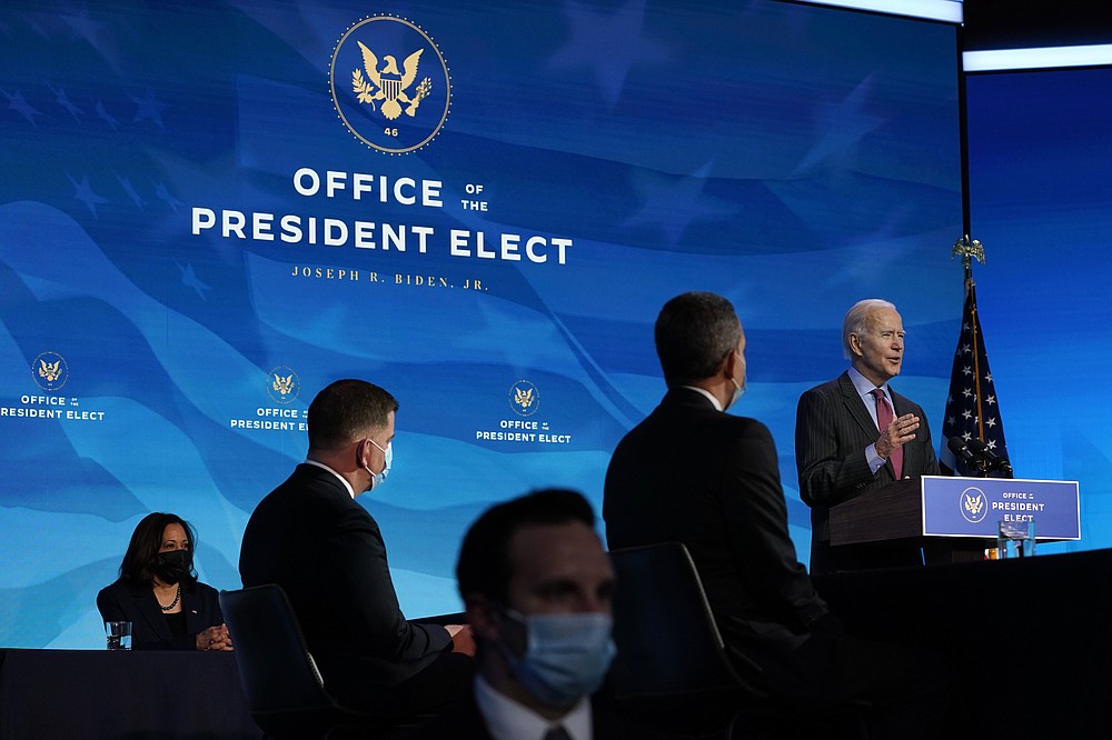 President-elect Joe Biden speaks during an event at The Queen theater in Wilmington, Del., Friday, Jan. 8, 2021, to announce key administration posts. (AP Photo/Susan Walsh)