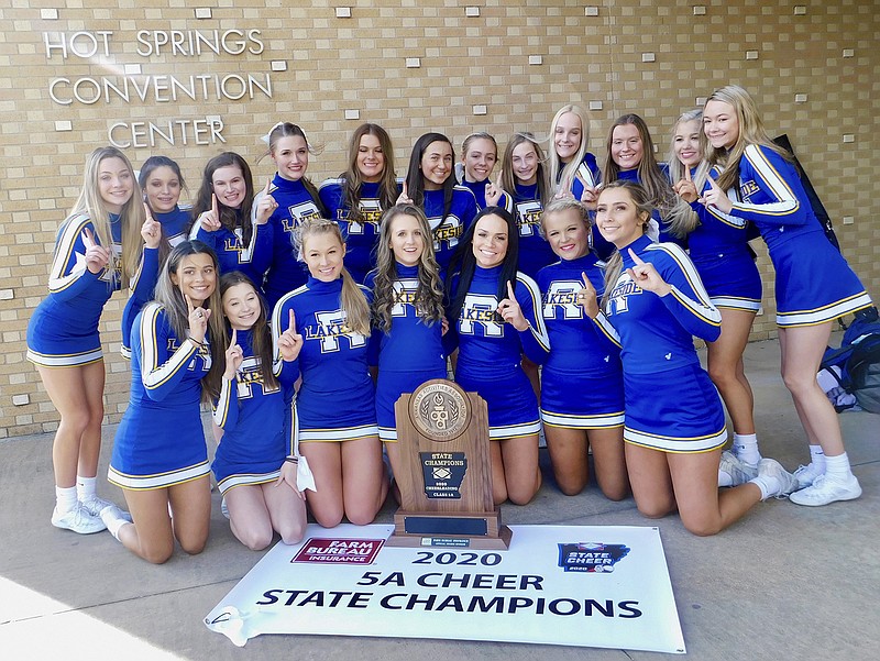 The Lakeside varsity cheerleading team celebrates after winning the Class 5A state cheer championship last month. - Photo submitted