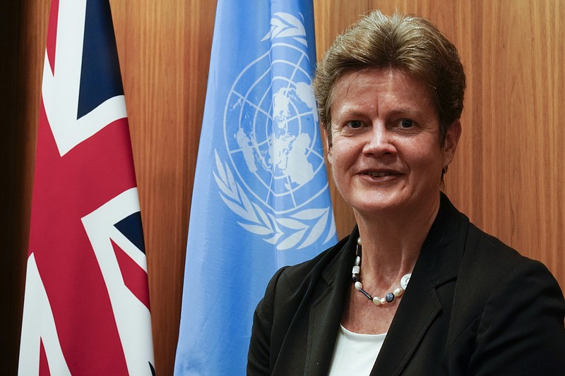 British Ambassador to the United Nations Barbara Woodward poses for a photo, Tuesday, Jan. 5, 2021, in New York. (AP Photo/Mary Altaffer)