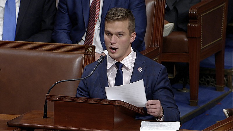 In this image from video, Rep. Madison Cawthorn, R-N.C., speaks as the House debates the objection to confirm the Electoral College vote from Pennsylvania, at the U.S. Capitol early Thursday, Jan. 7, 2021. (House Television via AP)