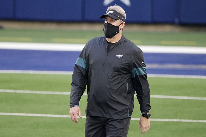 Philadelphia Eagles head coach Doug Pederson watches warmups before an NFL football game against the Dallas Cowboys in Arlington, Texas, Sunday, Dec. 27. 2020. (AP Photo/Michael Ainsworth) story.lead_photo.caption