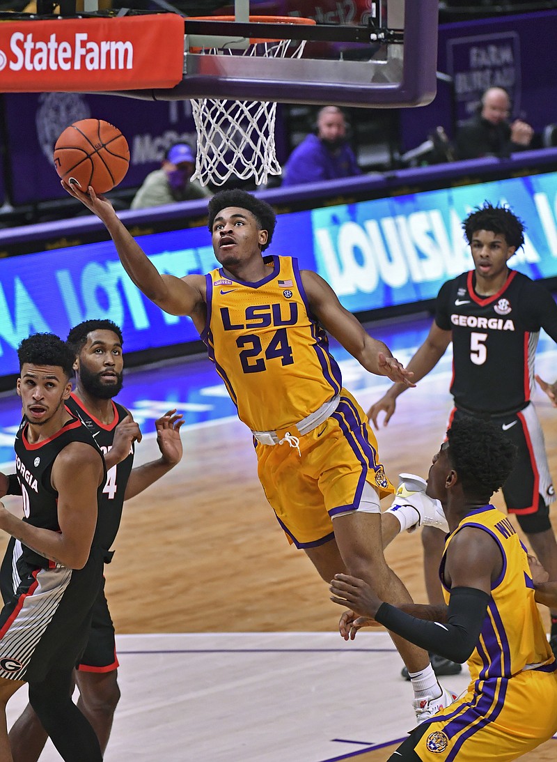 LSU guard Cameron Thomas (24) gets the layup against Georgia during the first half of a Jan. 6 game in Baton Rouge, La. - Photo by Hilary Scheinuk/The Advocate via The Associated Press