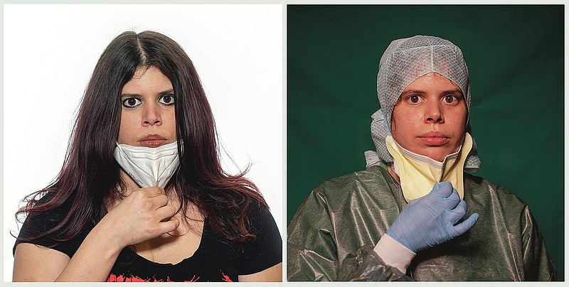 Intermediate care technician Claudia Accardo poses for a portrait at her hospital Casalpalocco ICC in Rome, on Friday, March 27, 2020, in the file photo at right, and on Wednesday, Nov. 25, 2020. "In these 8 months I realized how silly man can be. We health professionals risk our life every day in the ICUs and there are people who speak of conspiracy! Don't call us heroes, protect yourself and help us not to die because of you. Now we all have somebody in our close circle who's got it. And the circle shrinks every day. The best thank you from you would be not to fall in the trench where we are fighting this battle for you. It was a surprise for me to se my portraits everywhere. I got many calls from friends and colleagues complimenting me and encouraging me and that made me realize I was doing something important not only for the patients but also for them". (AP Photo/Domenico Stinellis)