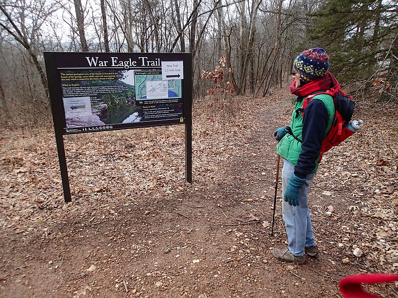 The recently finished 1.5-mile loop of the War Eagle Trail replaces the original trail along the War Eagle River that has been closed because of erosion and flood damage. The loop starts across Arkansas 23 from the Dogwood Trail parking area. The new loop is mostly flat and easy to hike. Karen Mowry of Nob Hill finishes a hike Sunday Jan. 10 2021 on the trail.
(NWA Democrat-Gazette/Flip Putthoff)