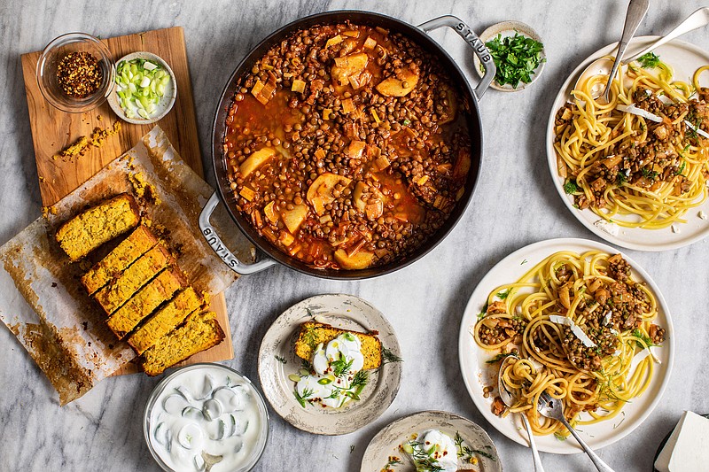 From left, a brightly spiced Red Lentil Loaf, Smoky Lentil Stew With Leeks and Potatoes and Spaghetti With Lentils, Tomato and Fennel (The New York Times/Andrew Scrivani)