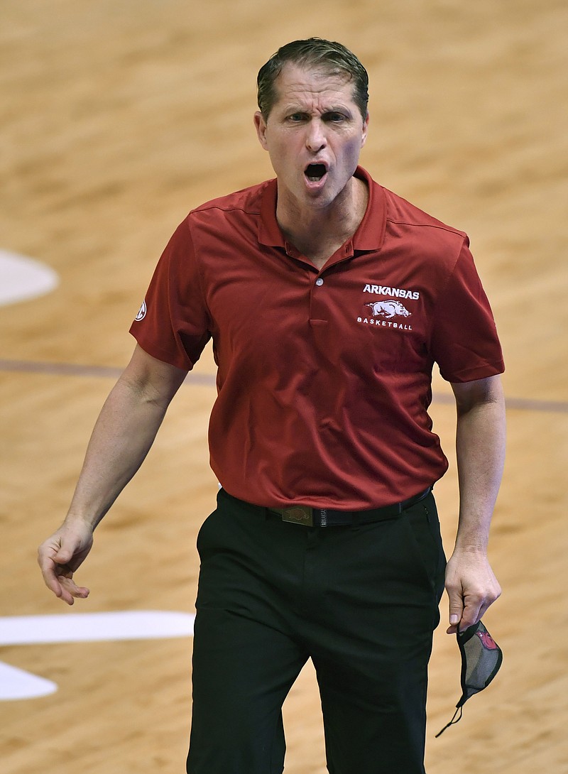 Arkansas head coach Eric Musselman yells towards his bench during the first half of Wednesday's game against LSU in Baton Rouge, La. - Photo by Hilary Scheinuk/The Advocate via The Associated Press