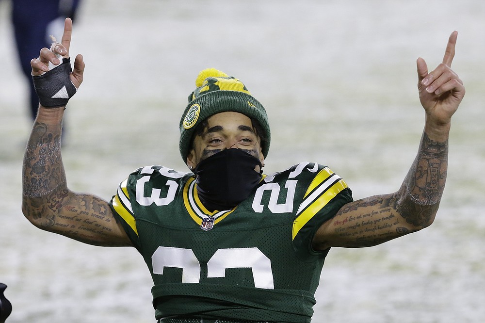 Green Bay Packers' Jaire Alexander celebrates after an NFL football game against the Tennessee Titans Sunday, Dec. 27, 2020, in Green Bay, Wis. The Packers won 40-14. (AP Photo/Mike Roemer)
