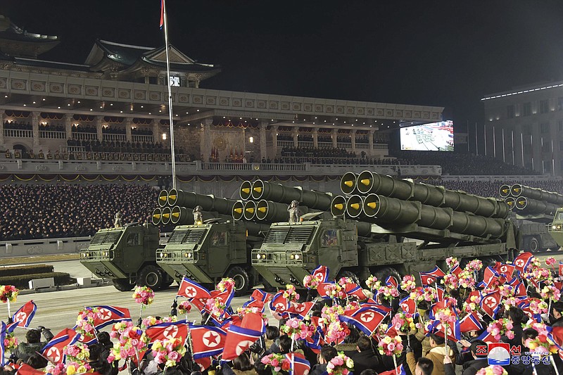 This photo provided by the North Korean government shows a military parade marking the ruling party congress, at Kim Il Sung Square in Pyongyang, North Korea Thursday, Jan. 14, 2021. North Korea rolled out developmental ballistic missiles designed to be launched from submarines and other military hardware in a parade that punctuated leader Kim Jong Un’s defiant calls to expand his nuclear weapons program. Independent journalists were not given access to cover the event depicted in this image distributed by the North Korean government. The content of this image is as provided and cannot be independently verified. Korean language watermark on image as provided by source reads: "KCNA" which is the abbreviation for Korean Central News Agency. (Korean Central News Agency/Korea News Service via AP)