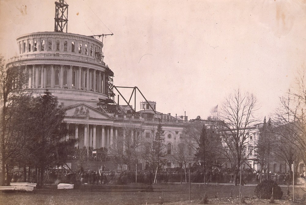The U.S. Capitol dome was still under construction when Abraham Lincoln’s first inauguration ceremony took place March 4, 1861. (Photo courtesy of the Library of Congress.)
