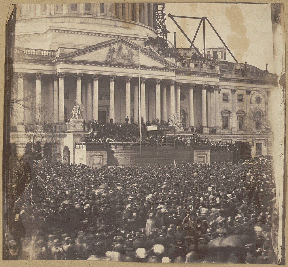 A throng of 30,000 people attended the first inauguration of Abraham Lincoln. An Army artillery battery and snipers stood watch after Lincoln arrived by carriage under escort by infantrymen and cavalrymen. (Photo courtesy of the Library of Congress.)