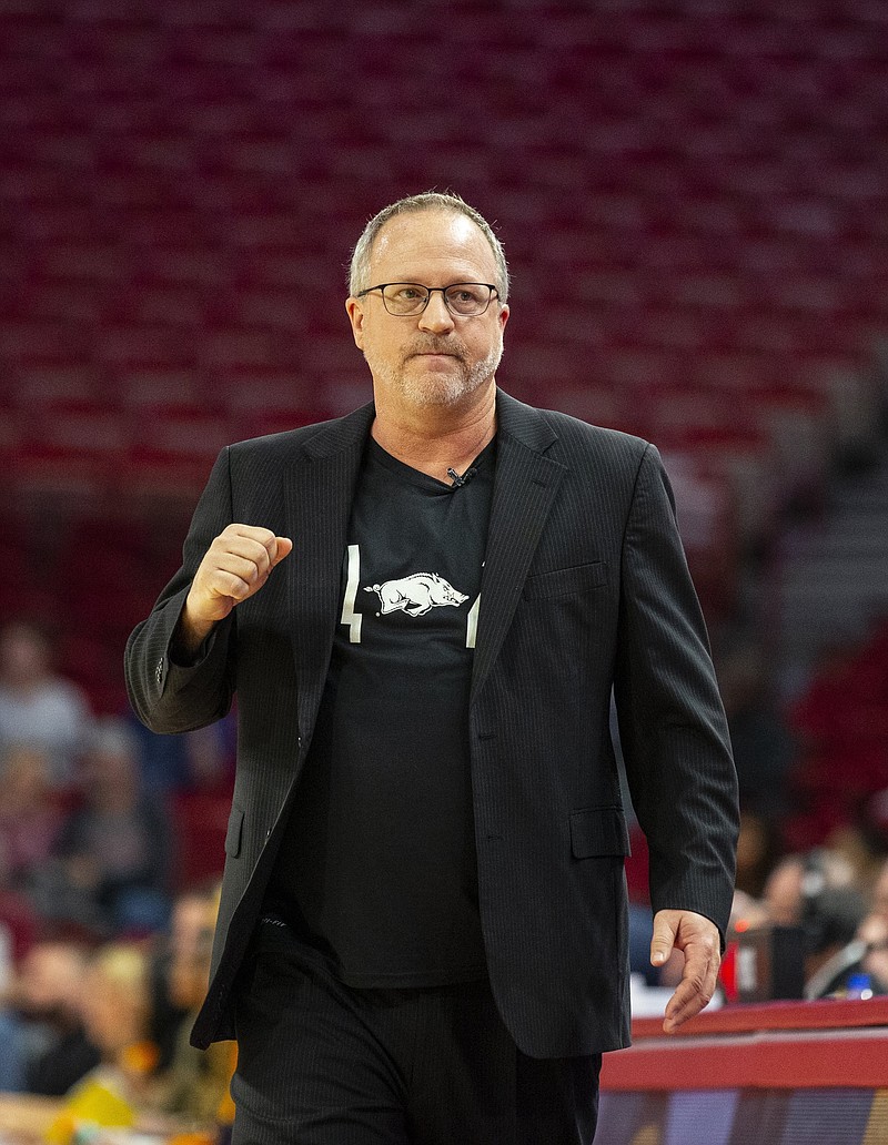 Arkansas women's head coach Mike Neighbors pumps his fist after defeating Tennessee at Bud Walton Arena on Feb. 15, 2019. - Photo by David Beach, Special to NWA Democrat-Gazette