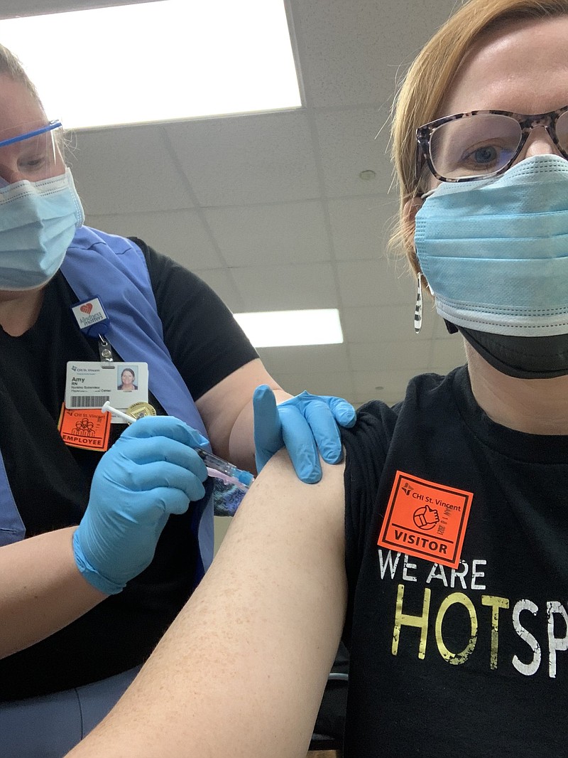 Hot Springs School District Superintendent Stephanie Nehus takes a selfie of herself receiving the COVID-19 vaccine Monday at CHI St. Vincent Hot Springs. Photo is courtesy of Nehus. - Submitted photo