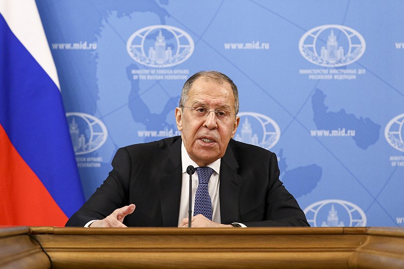 In this handout photo released by Russian Foreign Ministry Press Service, Russian Foreign Minister Sergey Lavrov speaks during his annual news conference in Moscow, Russia, Monday, Jan. 18, 2021. Lavrov said Monday the stream of reactions to Navalny's arrest by Western officials reflects an attempt "to divert attention from the crisis of the Western model of development." "Navalny's case has received a foreign policy dimension artificially and without any foundation," Lavrov said, arguing that his detention was a prerogative of Russian law enforcement agencies that explained their action. (Russian Foreign Ministry Press Service via AP)