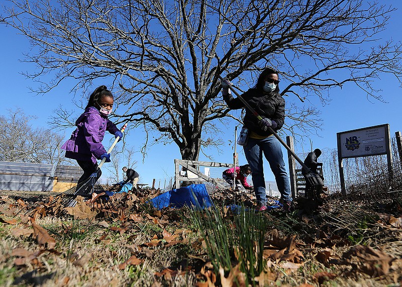 Anverly Laster and her daughter, Kensly, 6, with Girls Scout Troop 6644 rake up leaves during the Martin Luther King Jr. Day of Service on Monday, Jan. 18, 2021, at the St. Jospeh Center in North Little Rock. 
More photos at www.arkansasonline.com/119mlk/
(Arkansas Democrat-Gazette/Thomas Metthe)