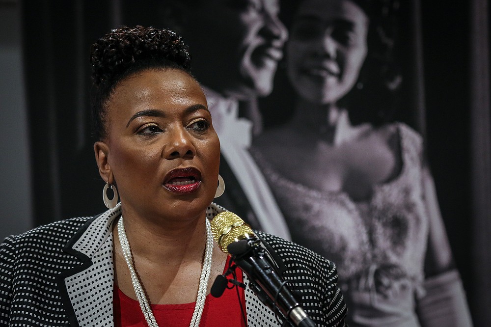 FILE - In this Jan. 9, 2020 file photo, Bernice King, daughter of slain civil rights leader Rev. Martin Luther King Jr., speaks about a series of events to be held in and around The King Center in Atlanta. The annual celebration of the Martin Luther King Jr. holiday in his hometown in Atlanta is calling for renewed dedication to nonviolence following a turbulent year. The slain civil rights leader's daughter said in an online church service Monday, Jan. 18, 2021, that physical violence and hateful speech are “out of control” in the aftermath of a divisive election followed by a deadly siege on the U.S. Capitol in Washington by supporters of President Donald Trump.(AP Photo/ Ron Harris, File)