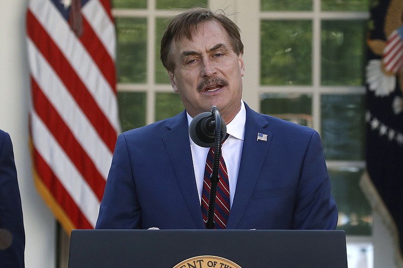 FILE - In this March 30, 2020 file photo, My Pillow CEO Mike Lindell speaks about the coronavirus in the Rose Garden of the White House in Washington. Lindell, an avid supporter of President Donald Trump, who has continued to push the notion of election fraud since Trump lost to Joe Biden in the presidential election in November, said his products will no longer be carried in the stores of some retailers, including Bed Bath & Beyond and Kohl's. (AP Photo/Alex Brandon)