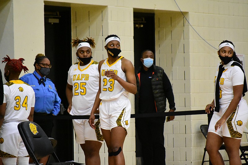 UAPB's women's basketball team walks to a huddle away from the bench area during a Jan. 9 game against Alabama State. (Pine Bluff Commercial/I.C. Murrell)