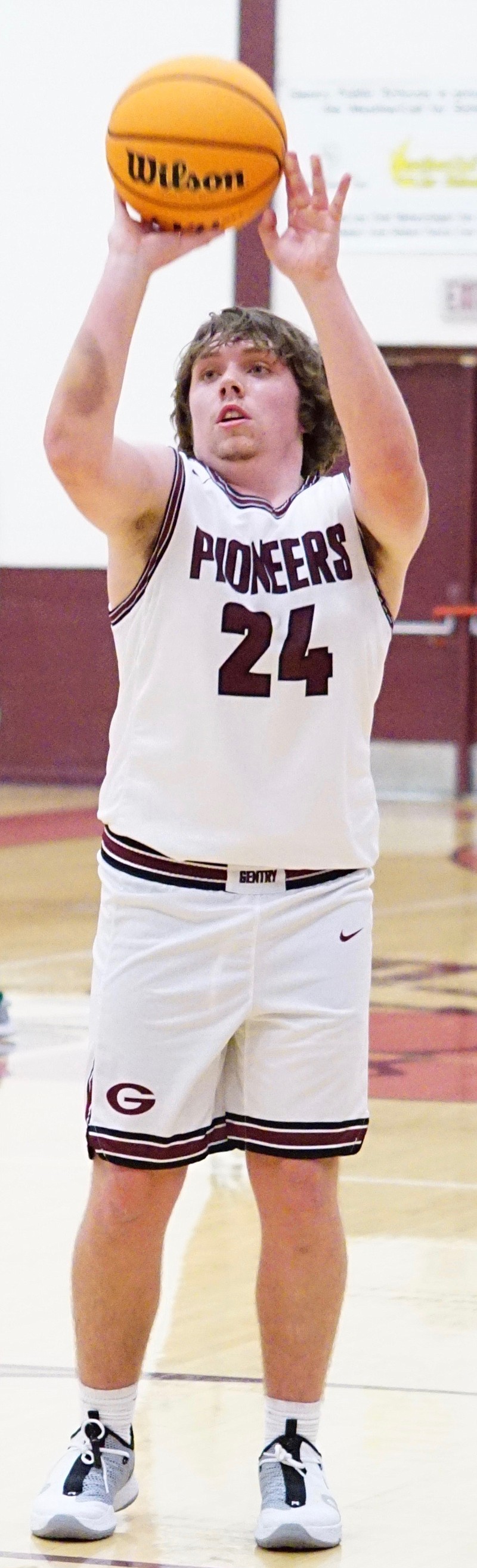 Westside Eagle Observer file photo/RANDY MOLL
Gentry senior Andrew Godfrey shoots from the free-throw line in a game at Gentry High School.