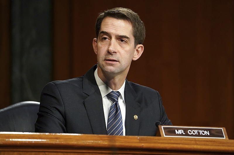 Sen. Tom Cotton, R-Ark., speaks during a confirmation hearing for Secretary of Defense nominee Lloyd Austin, a recently retired Army general, before the Senate Armed Services Committee on Capitol Hill, Tuesday, Jan. 19, 2021, in Washington. (Greg Nash/Pool via AP)