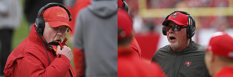 This combination of file photos shows Kansas City Chiefs head coach Andy Reid, left, and Tampa Bay Buccaneers head coach Bruce Arians during NFL football games. There’s no retirement age in the NFL, and that’s a good thing for Super Bowl-bound Kansas City and Tampa Bay. Andy Reid and Bruce Arians are two of the league’s five oldest coaches. Reid is closing in on 63; Arians turned 68 last October. They have a combined 55 years of NFL experience and spent nearly another three decades working at the college level. (AP Photo/File)