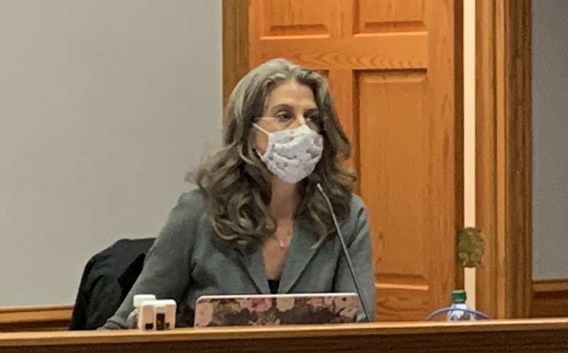 Nika Waitsman, Fayetteville School Board president, discusses the installation of LED light fixtures in district schools Thursday at a School Board meeting. (NWA Democrat Gazette/Mary Jordan)